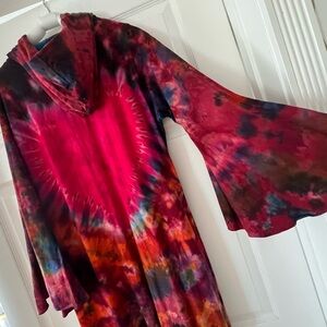 EPIC BOHO ANGEL SLEEVE COTTON JERSEY MODERN TIEDYE DRESS/kimono HOOD!!!